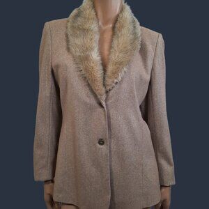 Vintage 90s Faux Fur Collar Blazer Jacket Beige Wool Silk Blend Size L
